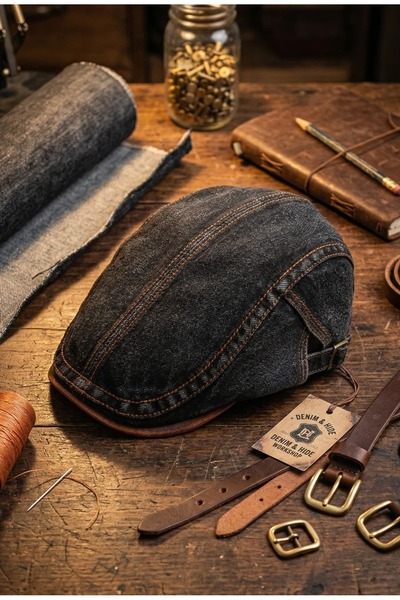 Hat Town Unisex Vintage Denim Cap - with Leather Visor and Adjustable