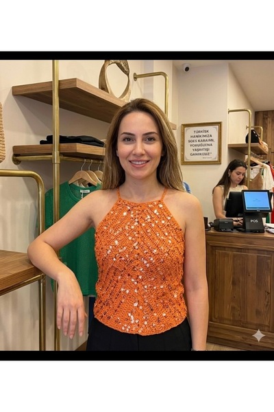 Gri boncuk El Örgüs Özel Tasarım Turuncu Renk Turuncu Pul Payetli Büstiyer
