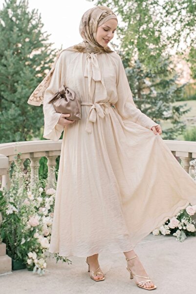 InStyle Wide Sleeve Beige Dress with Scarf