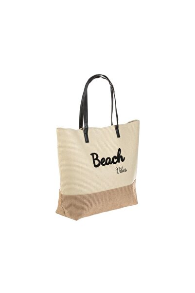 OEM Beach Vibes Ecru-Beige Beach Bag , Black Handles and Magnetic Clasp, Boho...