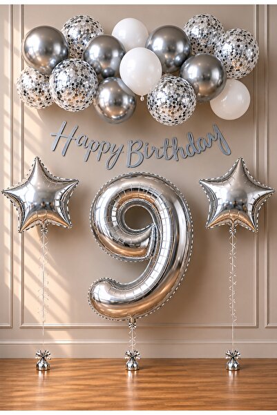 SİNDA Happy Birthday Gümüş -Doğum Günü Partisi Seti - Yaş Günü Konsepti - Rak...