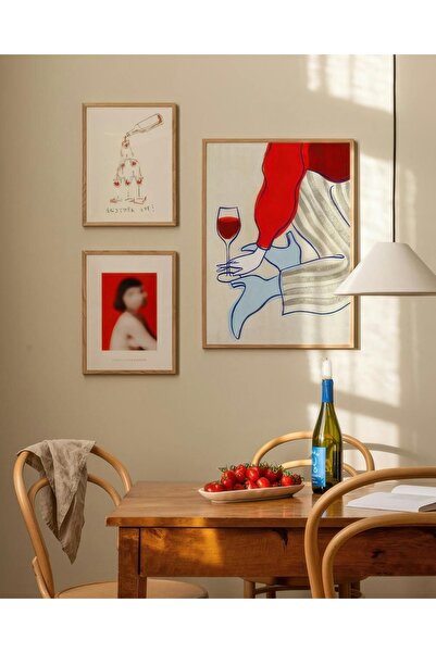 Boho wellness studio Şarap Temalı Modern Ahşap Çerçeveli Poster Tablo Seti