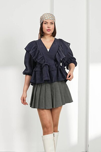 Bleu Petite Ruffled Blouse with Side Tie Detail