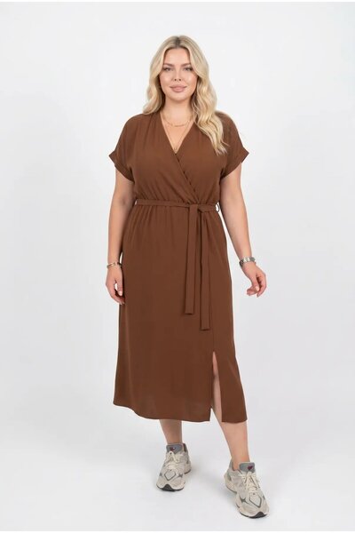 hazelin Women's Brown V-Neck Belted Ayrobin Fabric Plus Size Dress Hzl26S-Zss...