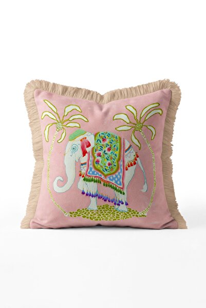 IdeCraft Elephant Patterned Fringed Cushion Cover - Palm Tree Detail with Cre...