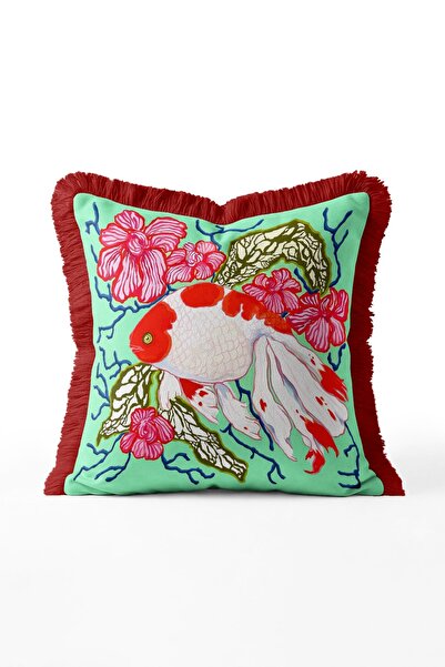 IdeCraft Red Japanese Fish Fringed Throw Pillow Cover - Green Background with...