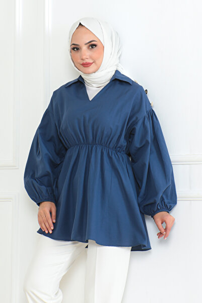 EnModa Women's Satin V-Neck Hijab Shirt with Elastic Waist and Button Detail ...