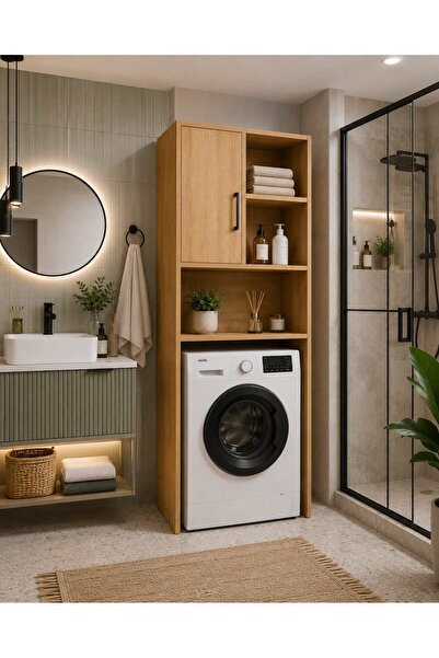 Fuvela Home Safir Meşe Çamaşır Makinesi Üstü Dolap- Tek Kapaklı Çok Amaçlı Ba...