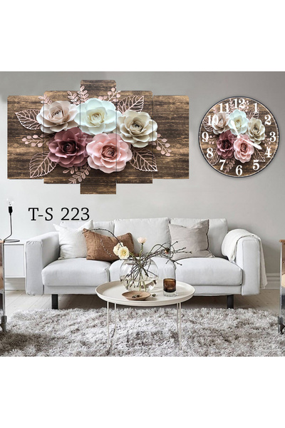 BellaaaModa Çiçekli Dekoratif Desenli Mdf Tablo 5 Parça Set ve Saatli Takım, ...