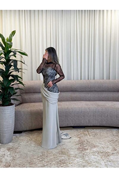 REVE Elegant Long Dress with Black Lace Sleeves and a Sexy Wrap Waist.