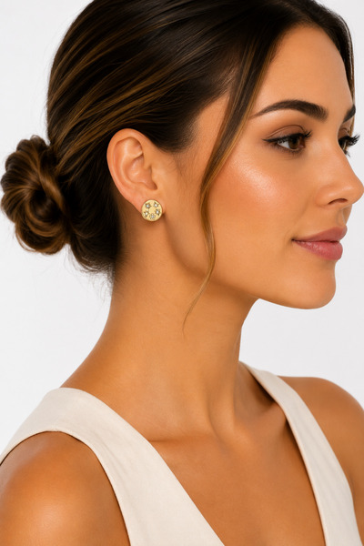 Balenbi Stone Detailed Star and Flower Motif Round Earrings Gold Color