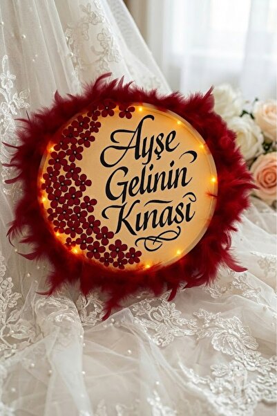 Evsay İsimli Ledli Gelin Tefi 3Boyut Taşlı Tüylü, Düğün Kına Nedime Bride Par...