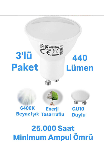 Horoz Elektrik 6W GU10 LED Ampül Beyaz Işık 440 Lümen Çanak Spot Ampül 3 Adet