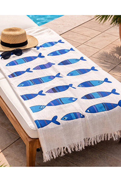 Taşhan Çarşı Özel Tasarım Çift Katlı Müslin Peştemal 85x180cm - Marine Mavi B...