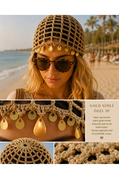 Emsay Store Gold Sequin Detailed Glittery Hand Knitted Mesh Beanie with Buckl...