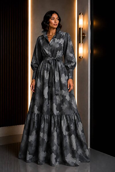 UNTIMELY Maxi Length Amorphous Camouflage Patterned Poplin Shirt Dress with R...