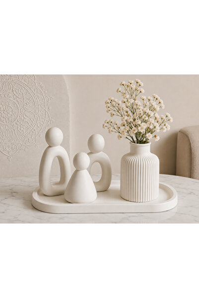 Minima Art Studio Taş Tozu Modern Aile Figürlü Dekoratif Vazo Seti Beyaz Teps...