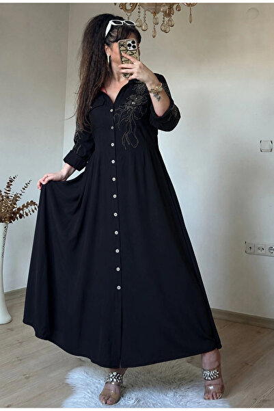AZRA BUTİK Beaded Embroidery Shirt Dress Black