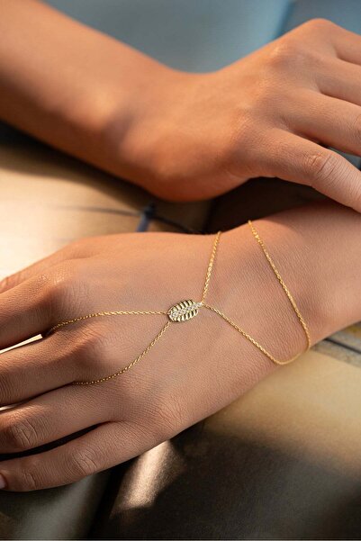 Nereze 925 Ayar Gümüş Gold Kaplama Yaprak Model Şahmeran Bileklik