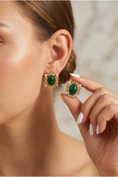 Pelin Aksesuar Malachite Green Oval Stone and Pearl Detailed Stylish Earrings...