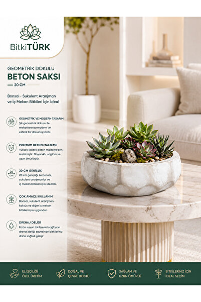 BitkiTÜRK 🌿 20 CM Geometrik Dokulu Beton Saksı | Bonsai Saksısı | Sukulent A...