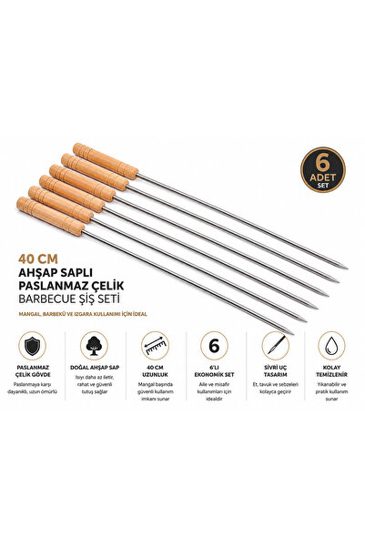 DİES 6'lı Ahşap Barbekü Şişi 40 cm – Mangal, Kebap ve Izgara İçin Doğal Ahşap...