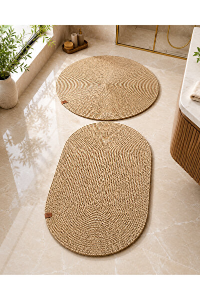MELENA CARPET Premium Natural Rope Textured Knitted Bath Mat Set Oval Round 2...