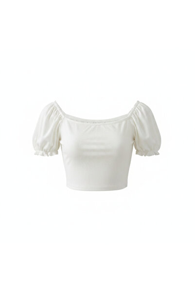 Generic Women's White Ribbed Puff Sleeve Crop Top