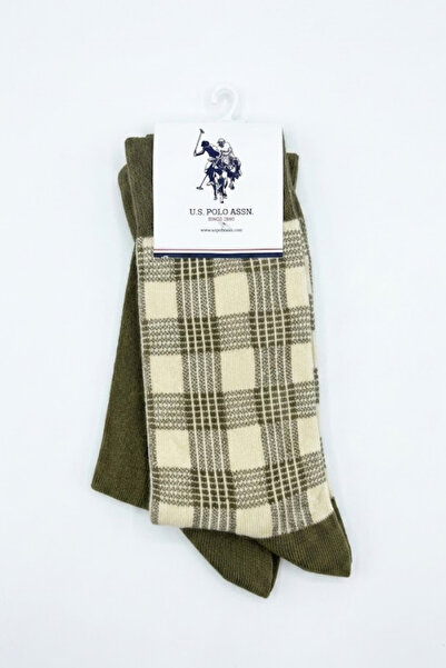 U.S. Polo Assn. Комплект от 2 чифта памучни чорапи в ментово-екру каре, удобн...
