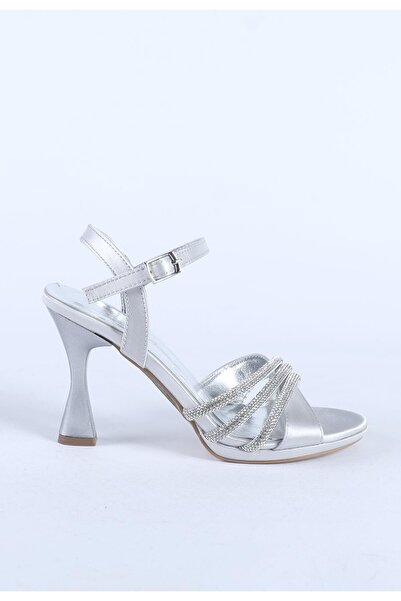 Hayati Arman Women's Stone Detailed Thin Heeled Evening Dress Shoes Silver Satin