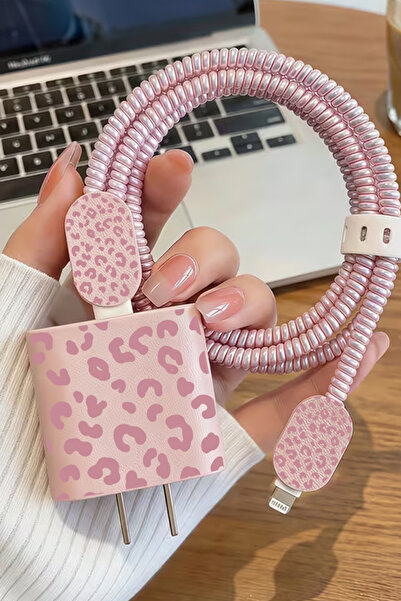 WANNA PROTECT iPhone 18W/20W/25W Pembe Leopar Deri Görünümlü Şarj Aleti Koruy...