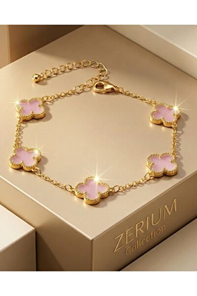 ZERİUM Yonca Tasarım Kadın Çelik Bileklik İkonik Elegant Tasarım Pudra Pembe
