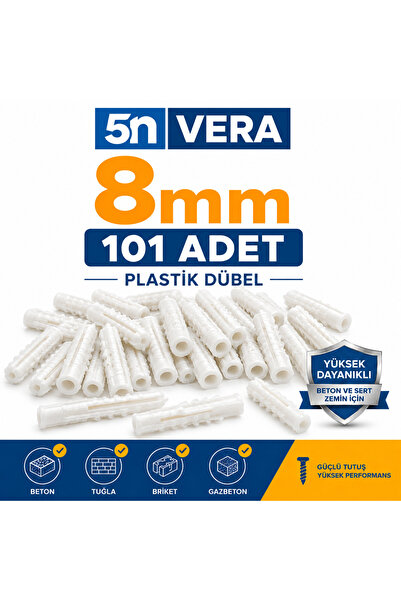 5NVERA 5N VERA 8 mm Plastik Dübel 101 Adet | Beton Dübel, Tuğla Dübel, Gazbet...