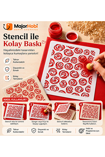 Major Hobi Gül Desenli Stencil Şablon Kumaş Ahşap Duvar Boyama Dekor Kalıbı