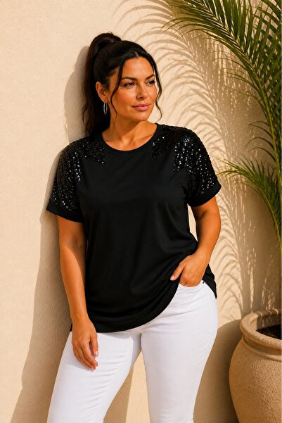 FOR ESRA BIG TREND Women's Black Plus Size Shoulder Sequin Detail Short Sleev...