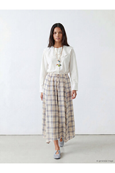 LC Waikiki Nevavm Plaid Asymmetrical Cut Skirt with Elastic Waist
