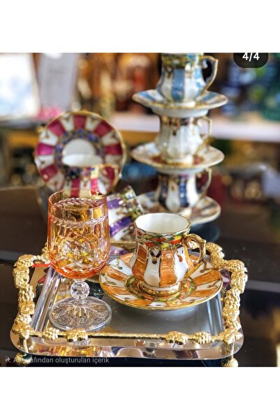 BY.RAYKA PORSELEN El Dekor Madalyon Porcelain Hand Painted 6 Cup Set
