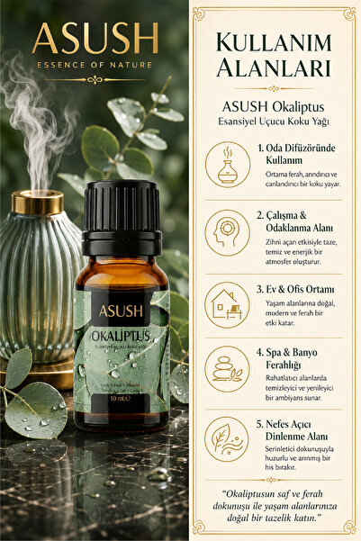ASUSH Okaliptüs Esansiyel Yağ 10 ML – Ferah, Keskin ve Bitkisel Ortam Kokusu
