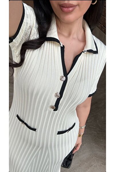 Ware Women's Stylish Buttoned Double Color Detailed Dress