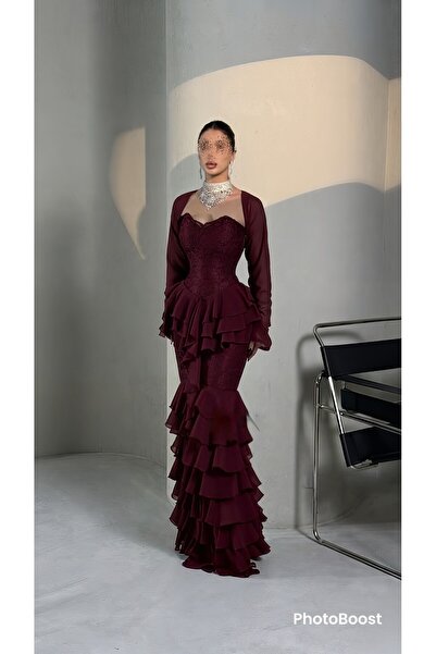 REVE Elegant Corset Ruffle Design Burgundy Dress with Long Sleeves