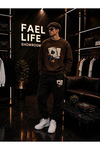 FAEL LİFE Unisex Wide Cut Zero Neck and Sweatpants Set with Zar Print
