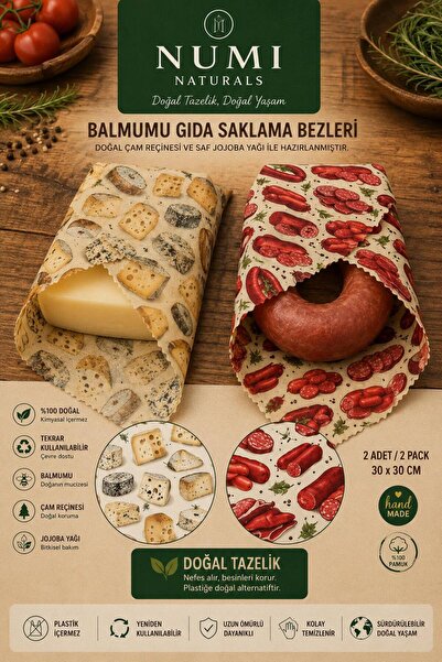 NUMI Naturals Kahvaltı Tazelik Seti 2’li 30x30 cm Balmumu Gıda Saklama Bezi