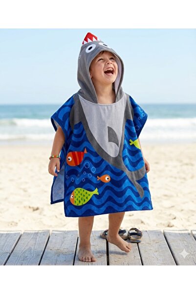 kr kids Children's Hooded Beach Towel Poncho Shark Patterned Blue Boys' Sea T...