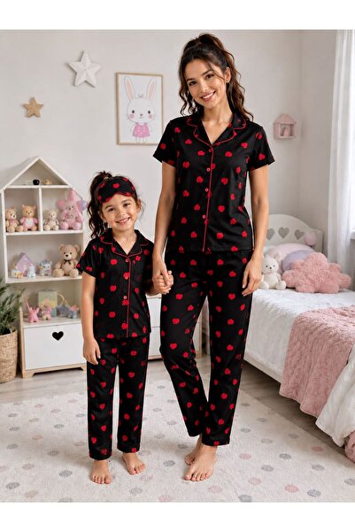 ALİŞ KİDS Mother-Daughter Cotton Black Heart Pattern Short Sleeve Shirt Lapel...