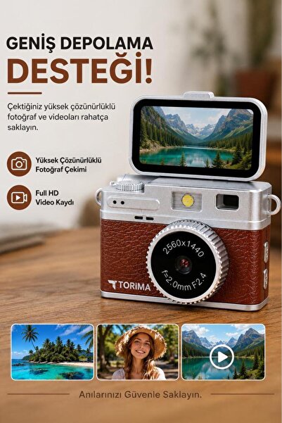Torima Mini Dijital Kamera 2K Flip Ekranlı Selfie Video Vlog Kamerası CMR49 Kahverengi