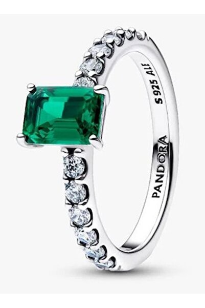 Pandora Inel tip Halo dreptunghiular verde stralucitor din Argint 925 - 54