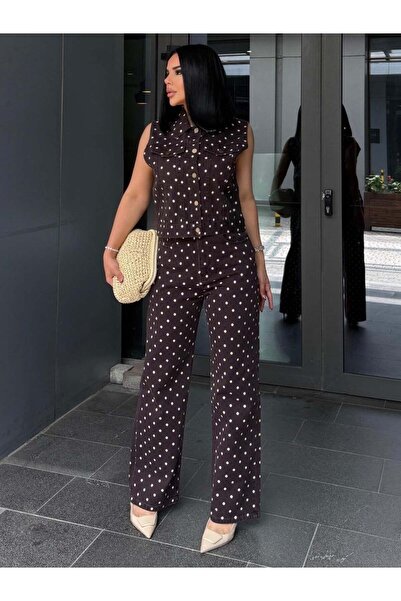 YVONNE Polka Dot Denim Yelekli Takım