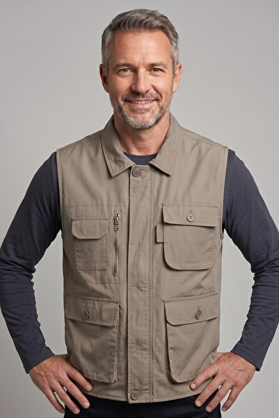 nacar çarşı Men's Dad Collared Earth Color Multi-Pocket Zippered Hunting Vest