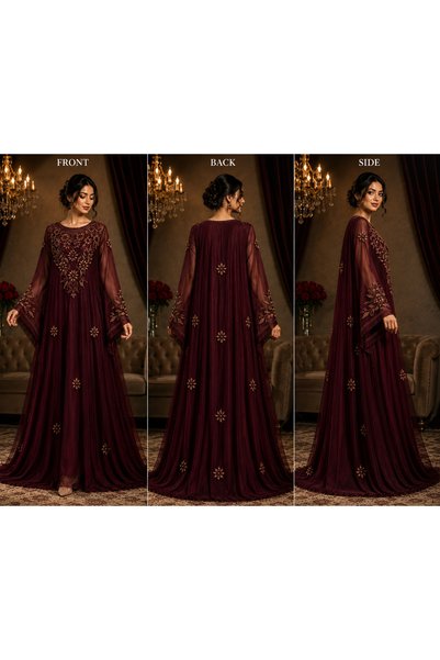 Bab almadina collection Luxury Maroon & Black Embellished Evening Gown with Sheer Cape Overlay