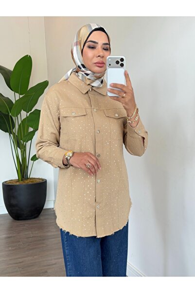Moodbasic Kristal Serpme Taşlı Kot Ceket - Bej